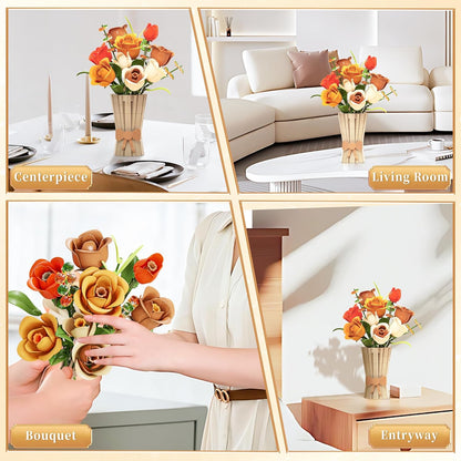 Flowers Set with Vase for Adults Compatible with Lego Flowers, Icon Roses Bouquet Botanical Collection Kits Artificial Flower Set for Valentines Day Gifts Women Girls, Home Office Decor
