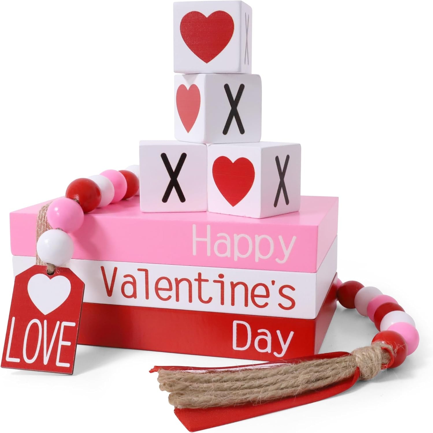 Valentine'S Day Decoration, Valentines Wood Book Stack with 4 XOXO Signs & Beads Garland, Valentines Table Decor for Home Kitchen Mantel Shelf Valentines Tiered Tray