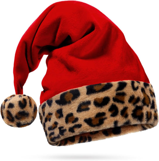 Red Velvet Santa Hat - Furry Leopard Print Trim, Faux Fur - Tan Brown Animal Cheetah Print, Fun Deluxe Christmas Accessory - Adult, 1 Size