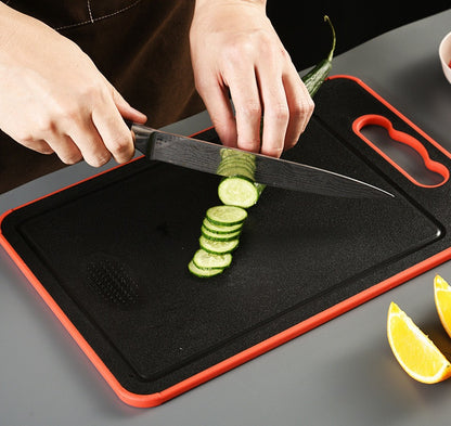 Cutting Board with Defrosting Tray Knife Sharpener, and Spice Grater. 4-in-1 (MSY3) Multi-use, No Electricity; Press Board Double-Sided Frost Away Plate Chopping Board Kitchen. (Black & Red)