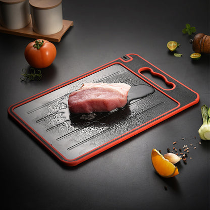 Cutting Board with Defrosting Tray Knife Sharpener, and Spice Grater. 4-in-1 (MSY3) Multi-use, No Electricity; Press Board Double-Sided Frost Away Plate Chopping Board Kitchen. (Black & Red)