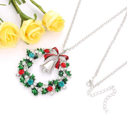 Christmas Necklaces for Women Glitzy Rhinestone Xmas Wreath Bell Pendant Necklace Holiday Jewelry Gift