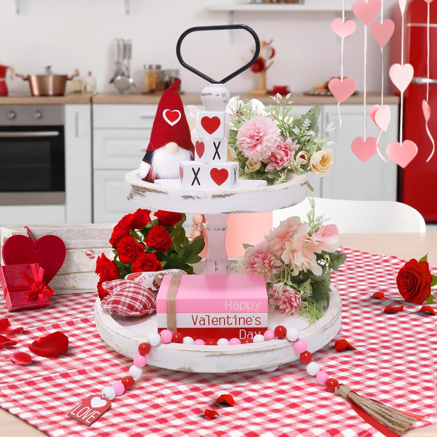 Valentine'S Day Decoration, Valentines Wood Book Stack with 4 XOXO Signs & Beads Garland, Valentines Table Decor for Home Kitchen Mantel Shelf Valentines Tiered Tray