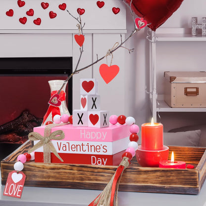 Valentine'S Day Decoration, Valentines Wood Book Stack with 4 XOXO Signs & Beads Garland, Valentines Table Decor for Home Kitchen Mantel Shelf Valentines Tiered Tray