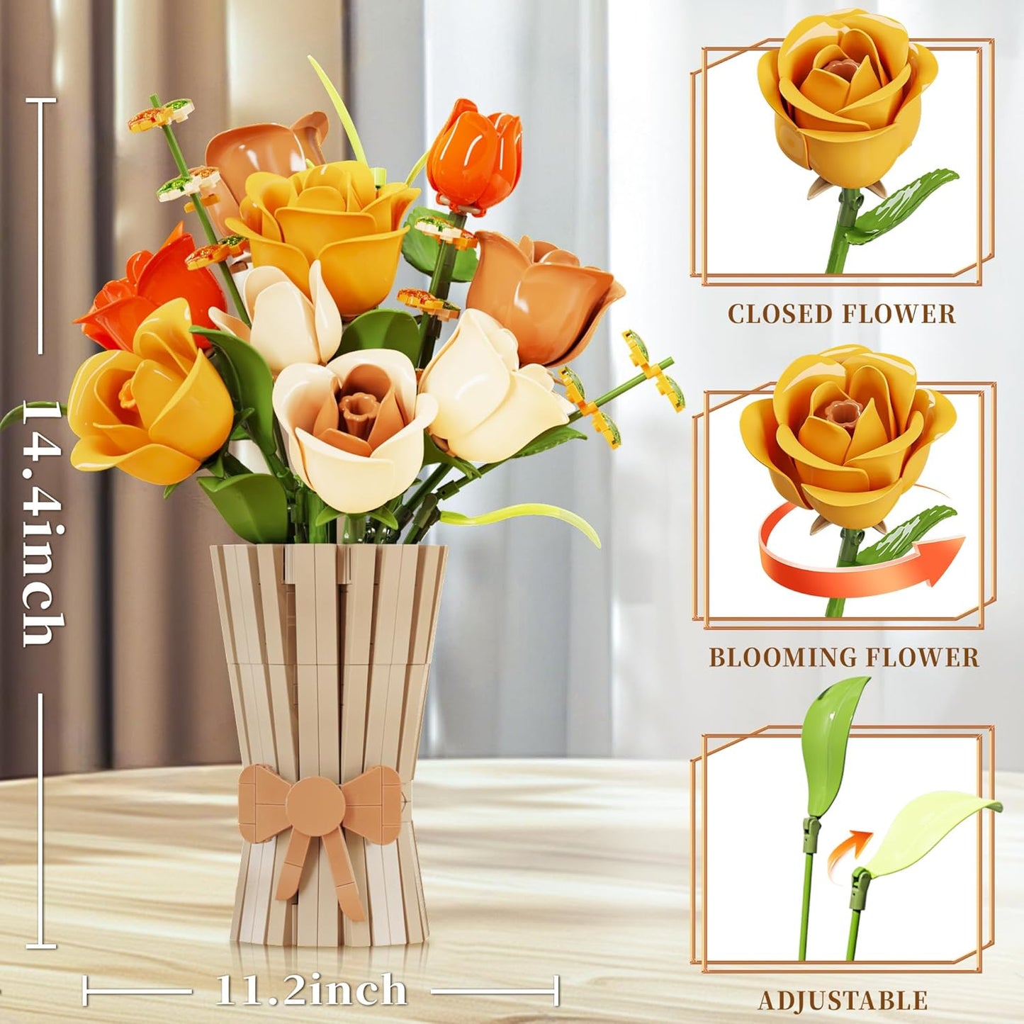 Flowers Set with Vase for Adults Compatible with Lego Flowers, Icon Roses Bouquet Botanical Collection Kits Artificial Flower Set for Valentines Day Gifts Women Girls, Home Office Decor