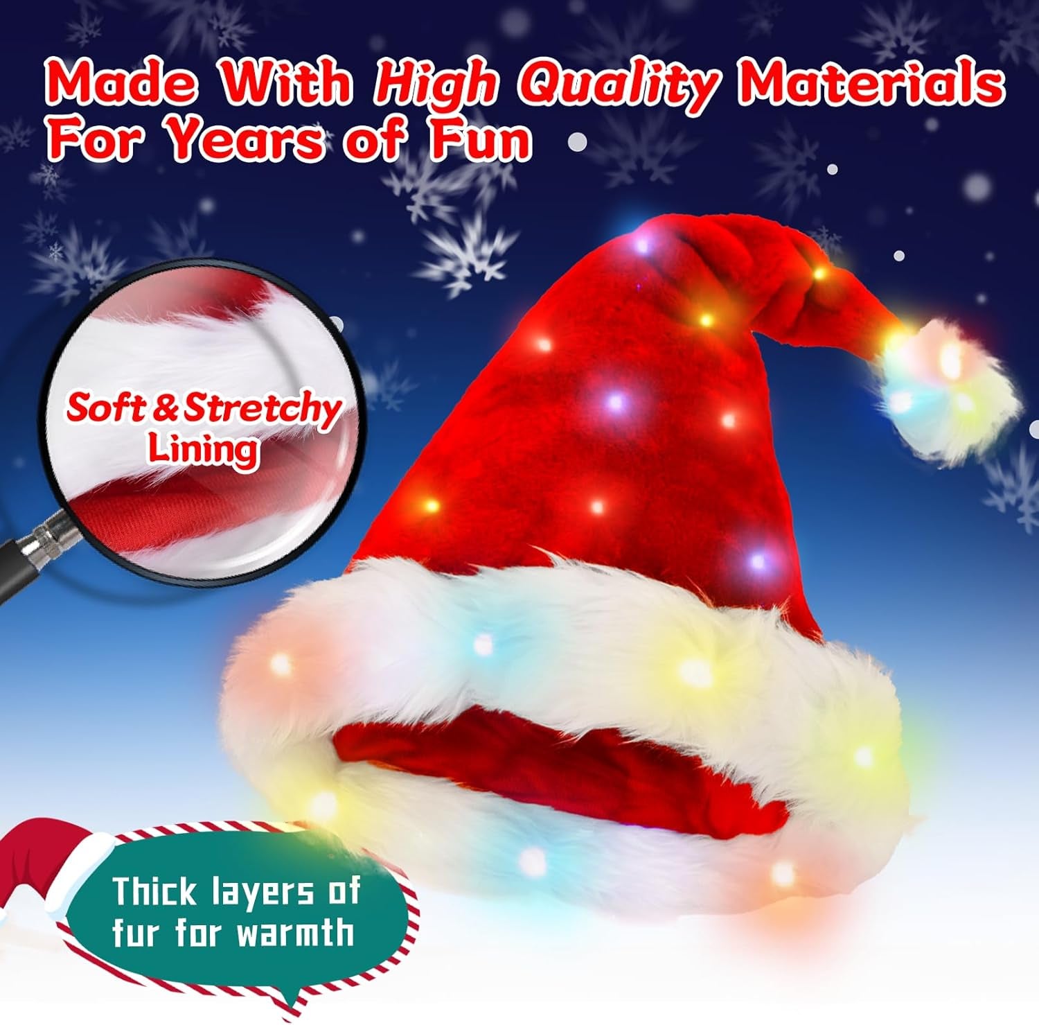 Plush Santa Hat - Light Up, Christmas Hats for Kids & Adults, Santa Hats Set for Adult