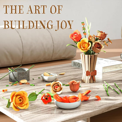 Flowers Set with Vase for Adults Compatible with Lego Flowers, Icon Roses Bouquet Botanical Collection Kits Artificial Flower Set for Valentines Day Gifts Women Girls, Home Office Decor