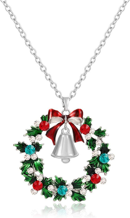 Christmas Necklaces for Women Glitzy Rhinestone Xmas Wreath Bell Pendant Necklace Holiday Jewelry Gift