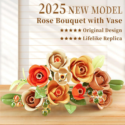 Flowers Set with Vase for Adults Compatible with Lego Flowers, Icon Roses Bouquet Botanical Collection Kits Artificial Flower Set for Valentines Day Gifts Women Girls, Home Office Decor