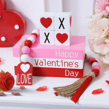 Valentine'S Day Decoration, Valentines Wood Book Stack with 4 XOXO Signs & Beads Garland, Valentines Table Decor for Home Kitchen Mantel Shelf Valentines Tiered Tray