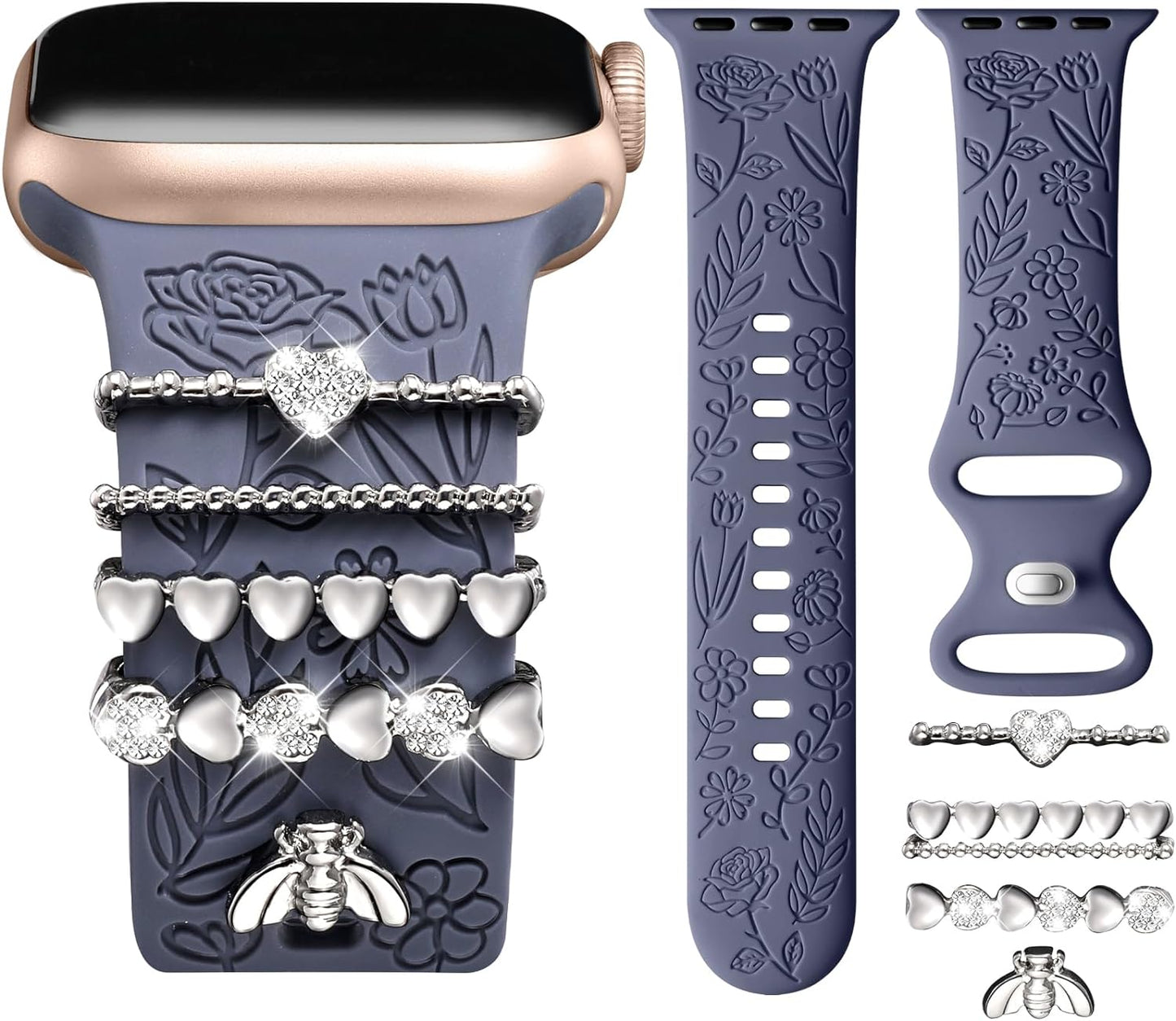 Flower Engraved Band Compatible with Apple Watch Bands for Women 40Mm 38Mm 41Mm 42Mm, Soft Silicone Band with Decorative Apple Watch Charms for Iwatch Series 10 9 8 7 6 5 4 3 2 1 SE (With Band)