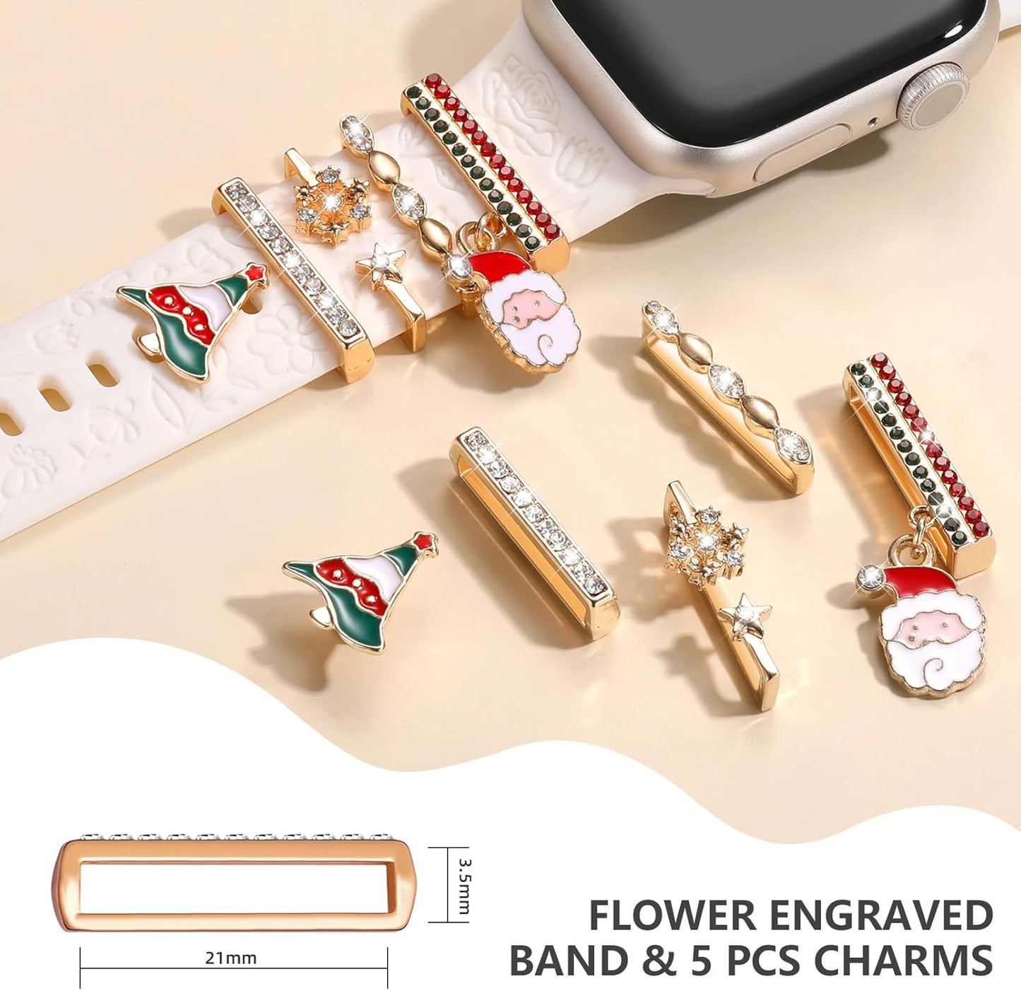 Flower Engraved Band Compatible with Apple Watch Bands 44Mm 42Mm 45Mm 46Mm for Women, Soft Silicone Band with Decorative Apple Watch Charms for Iwatch Series 10 9 8 7 6 5 4 3 2 1 SE (With Band)