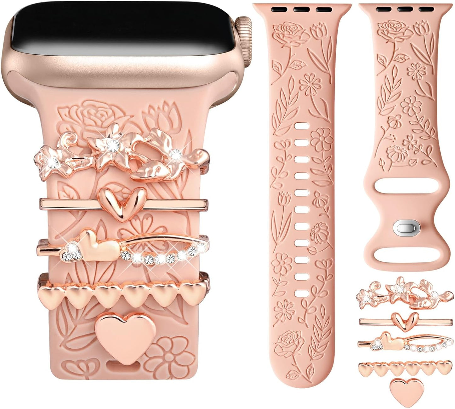 Flower Engraved Band Compatible with Apple Watch Bands for Women 40Mm 38Mm 41Mm 42Mm, Soft Silicone Band with Decorative Apple Watch Charms for Iwatch Series 10 9 8 7 6 5 4 3 2 1 SE (With Band)