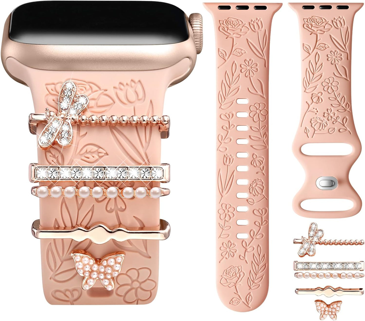 Flower Engraved Band Compatible with Apple Watch Bands for Women 40Mm 38Mm 41Mm 42Mm, Soft Silicone Band with Decorative Apple Watch Charms for Iwatch Series 10 9 8 7 6 5 4 3 2 1 SE (With Band)