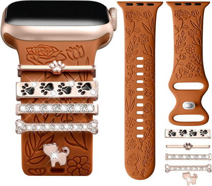 Flower Engraved Band Compatible with Apple Watch Bands 44Mm 42Mm 45Mm 46Mm for Women, Soft Silicone Band with Decorative Apple Watch Charms for Iwatch Series 10 9 8 7 6 5 4 3 2 1 SE (With Band)