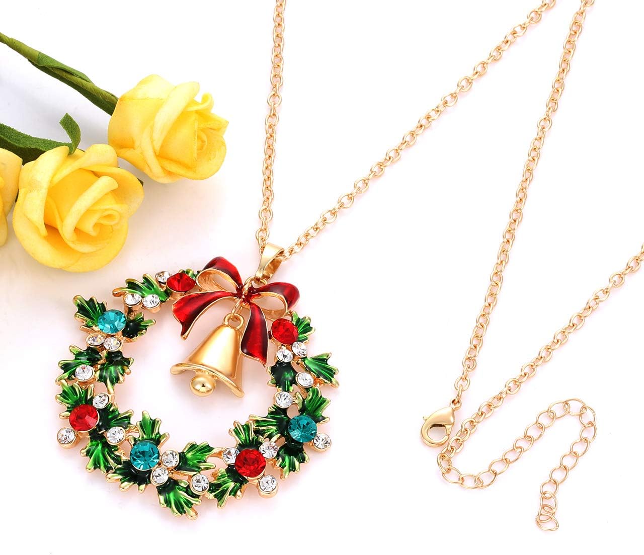 Christmas Necklaces for Women Glitzy Rhinestone Xmas Wreath Bell Pendant Necklace Holiday Jewelry Gift