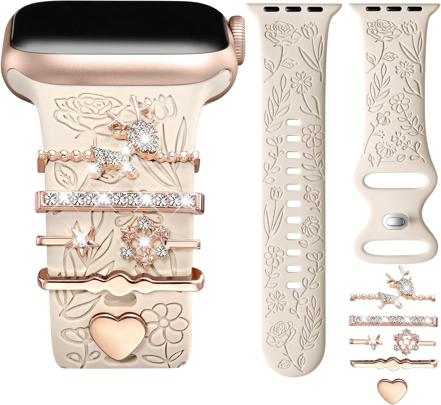 Flower Engraved Band Compatible with Apple Watch Bands 44Mm 42Mm 45Mm 46Mm for Women, Soft Silicone Band with Decorative Apple Watch Charms for Iwatch Series 10 9 8 7 6 5 4 3 2 1 SE (With Band)