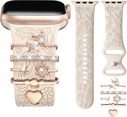 Flower Engraved Band Compatible with Apple Watch Bands 44Mm 42Mm 45Mm 46Mm for Women, Soft Silicone Band with Decorative Apple Watch Charms for Iwatch Series 10 9 8 7 6 5 4 3 2 1 SE (With Band)