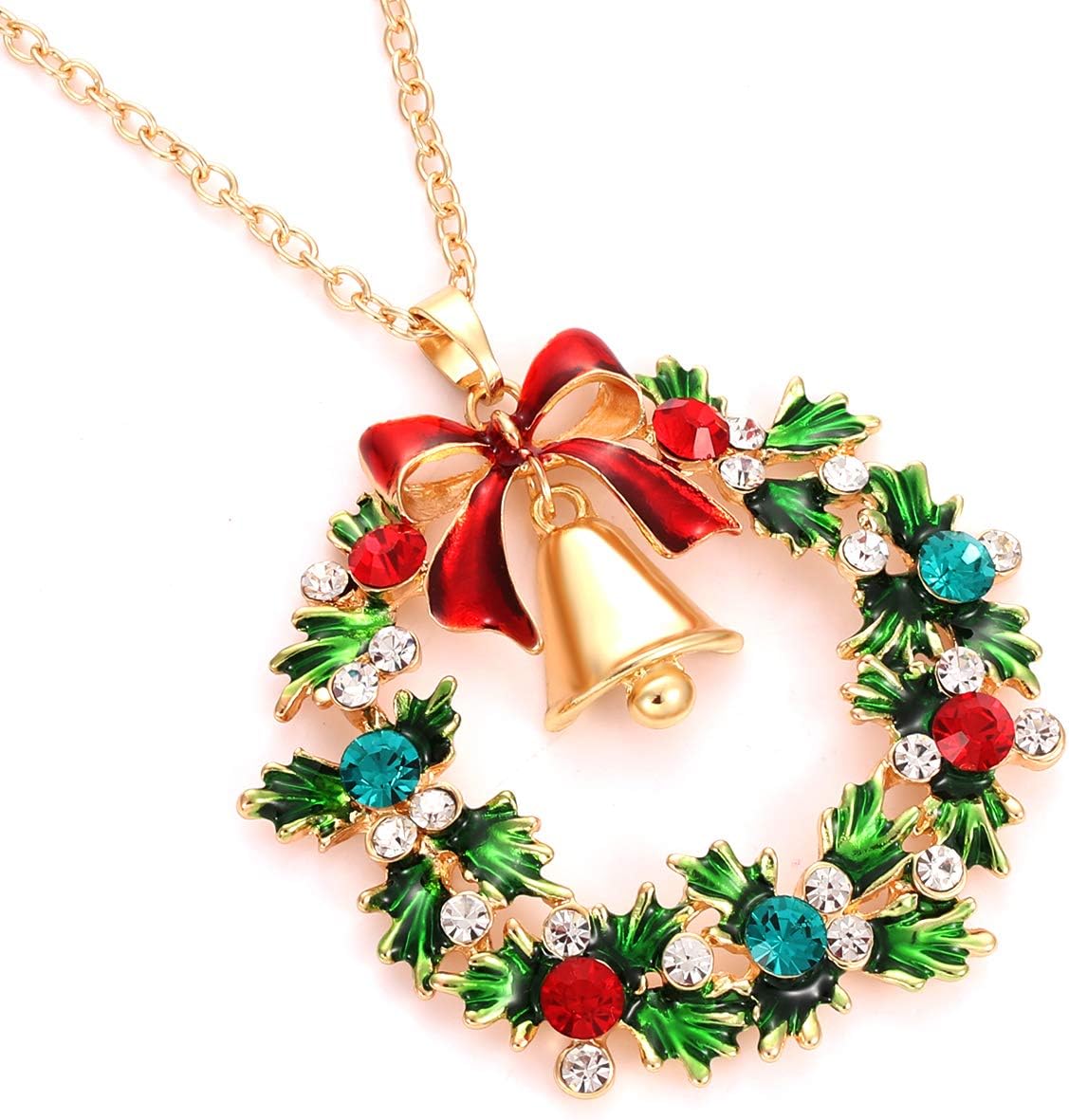 Christmas Necklaces for Women Glitzy Rhinestone Xmas Wreath Bell Pendant Necklace Holiday Jewelry Gift