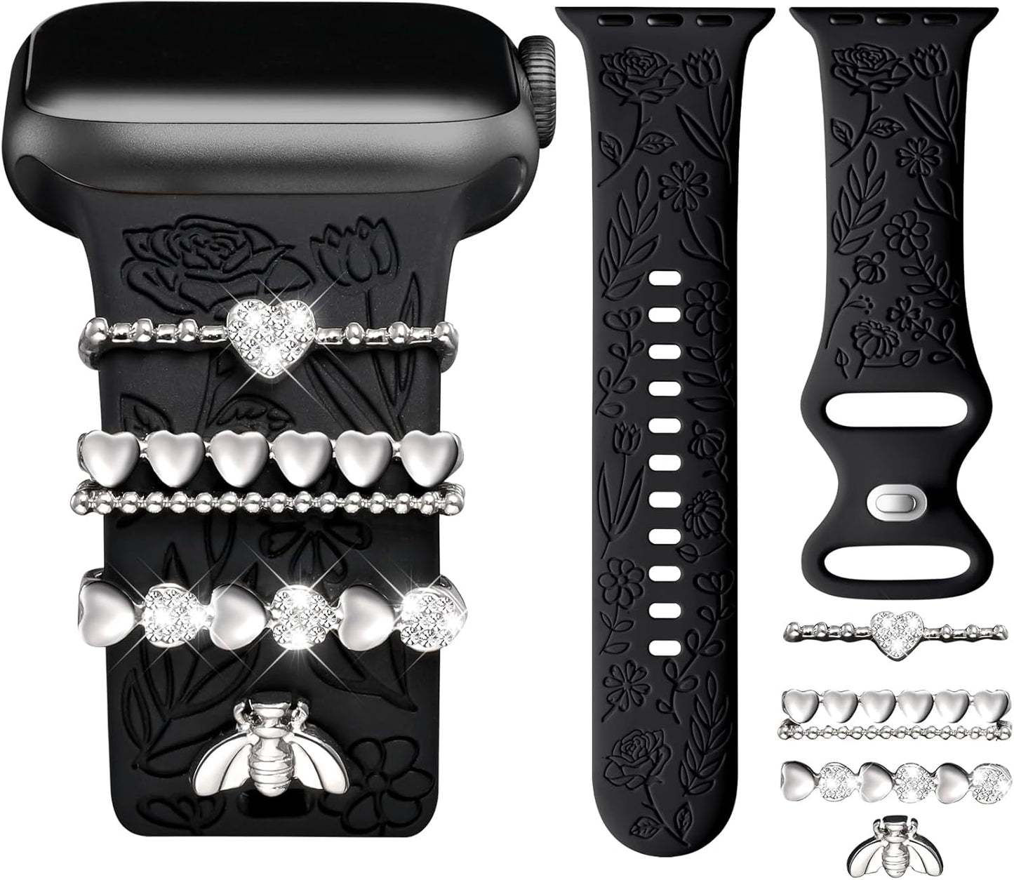 Flower Engraved Band Compatible with Apple Watch Bands for Women 40Mm 38Mm 41Mm 42Mm, Soft Silicone Band with Decorative Apple Watch Charms for Iwatch Series 10 9 8 7 6 5 4 3 2 1 SE (With Band)