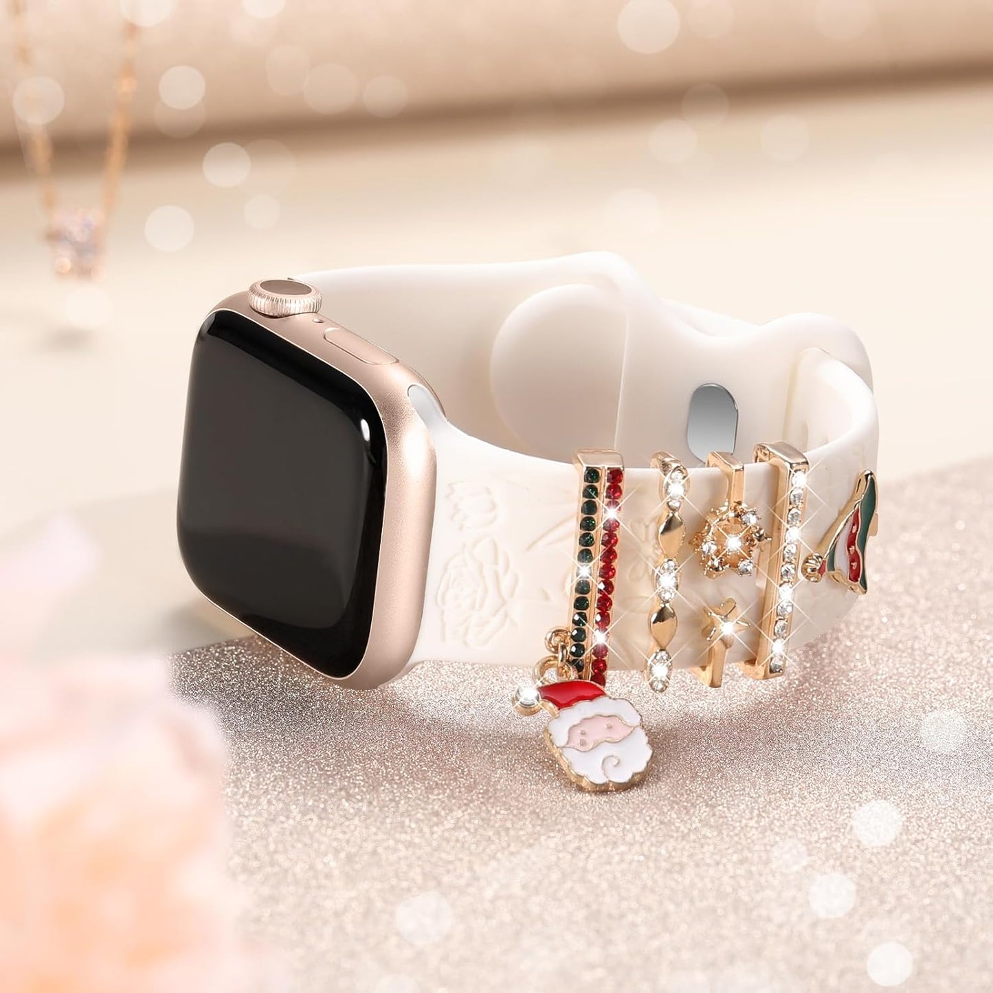 Flower Engraved Band Compatible with Apple Watch Bands 44Mm 42Mm 45Mm 46Mm for Women, Soft Silicone Band with Decorative Apple Watch Charms for Iwatch Series 10 9 8 7 6 5 4 3 2 1 SE (With Band)