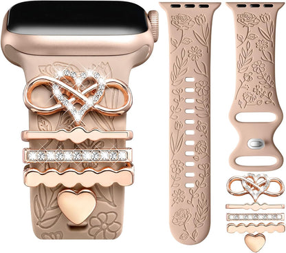 Flower Engraved Band Compatible with Apple Watch Bands for Women 40Mm 38Mm 41Mm 42Mm, Soft Silicone Band with Decorative Apple Watch Charms for Iwatch Series 10 9 8 7 6 5 4 3 2 1 SE (With Band)