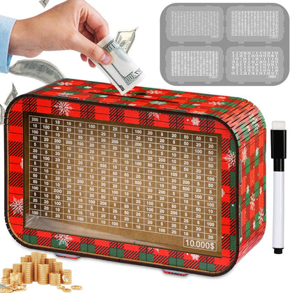 Christmas 4-In-1 Wooden Money Saving Challenge Box - Fully Assembled Piggy Bank ($1000/$3000/$5000/$10000) - Kakeibo Money Box with Counter and Dry Erase Pen - Money Bank for Cash Coin - Best Gift