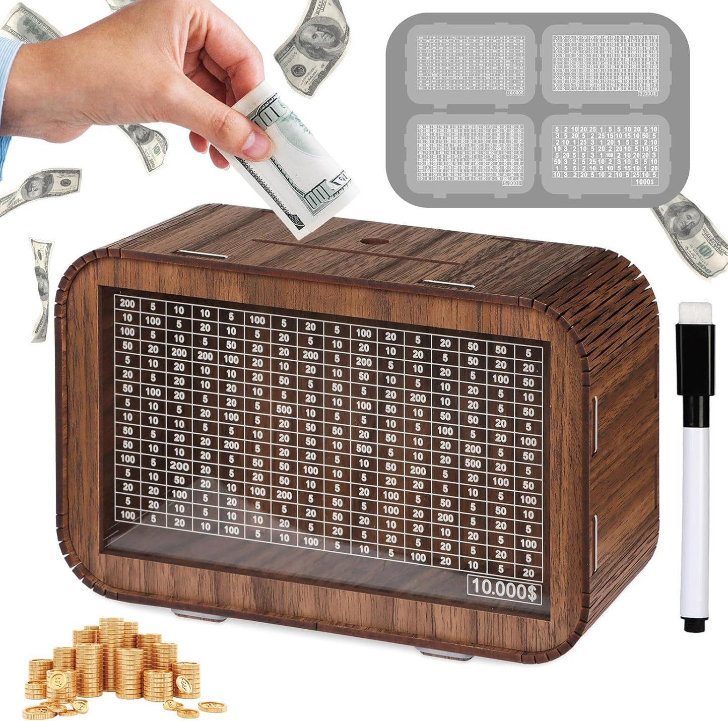 Christmas 4-In-1 Wooden Money Saving Challenge Box - Fully Assembled Piggy Bank ($1000/$3000/$5000/$10000) - Kakeibo Money Box with Counter and Dry Erase Pen - Money Bank for Cash Coin - Best Gift