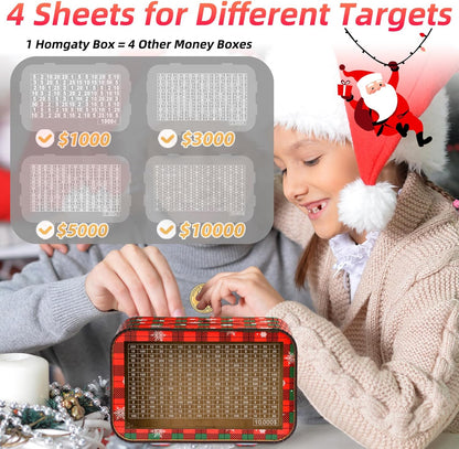 Christmas 4-In-1 Wooden Money Saving Challenge Box - Fully Assembled Piggy Bank ($1000/$3000/$5000/$10000) - Kakeibo Money Box with Counter and Dry Erase Pen - Money Bank for Cash Coin - Best Gift