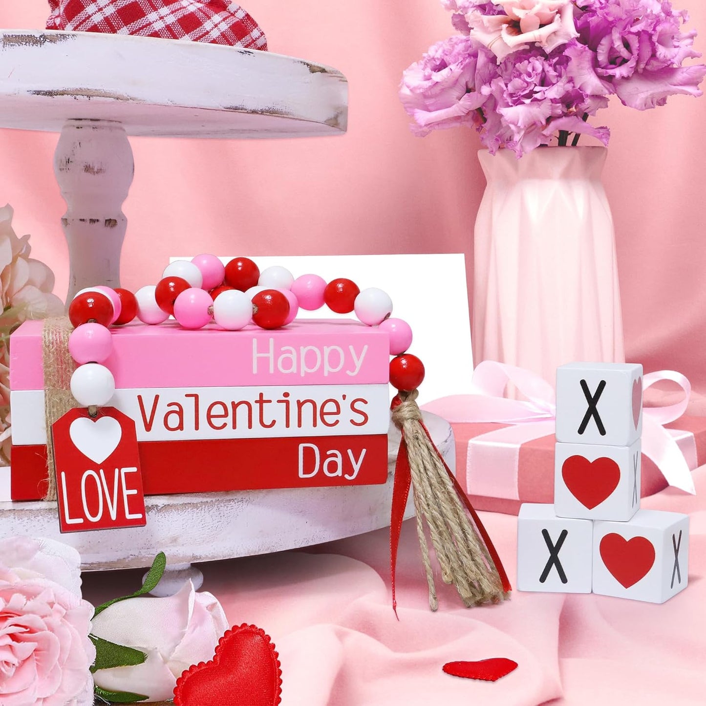 Valentine'S Day Decoration, Valentines Wood Book Stack with 4 XOXO Signs & Beads Garland, Valentines Table Decor for Home Kitchen Mantel Shelf Valentines Tiered Tray