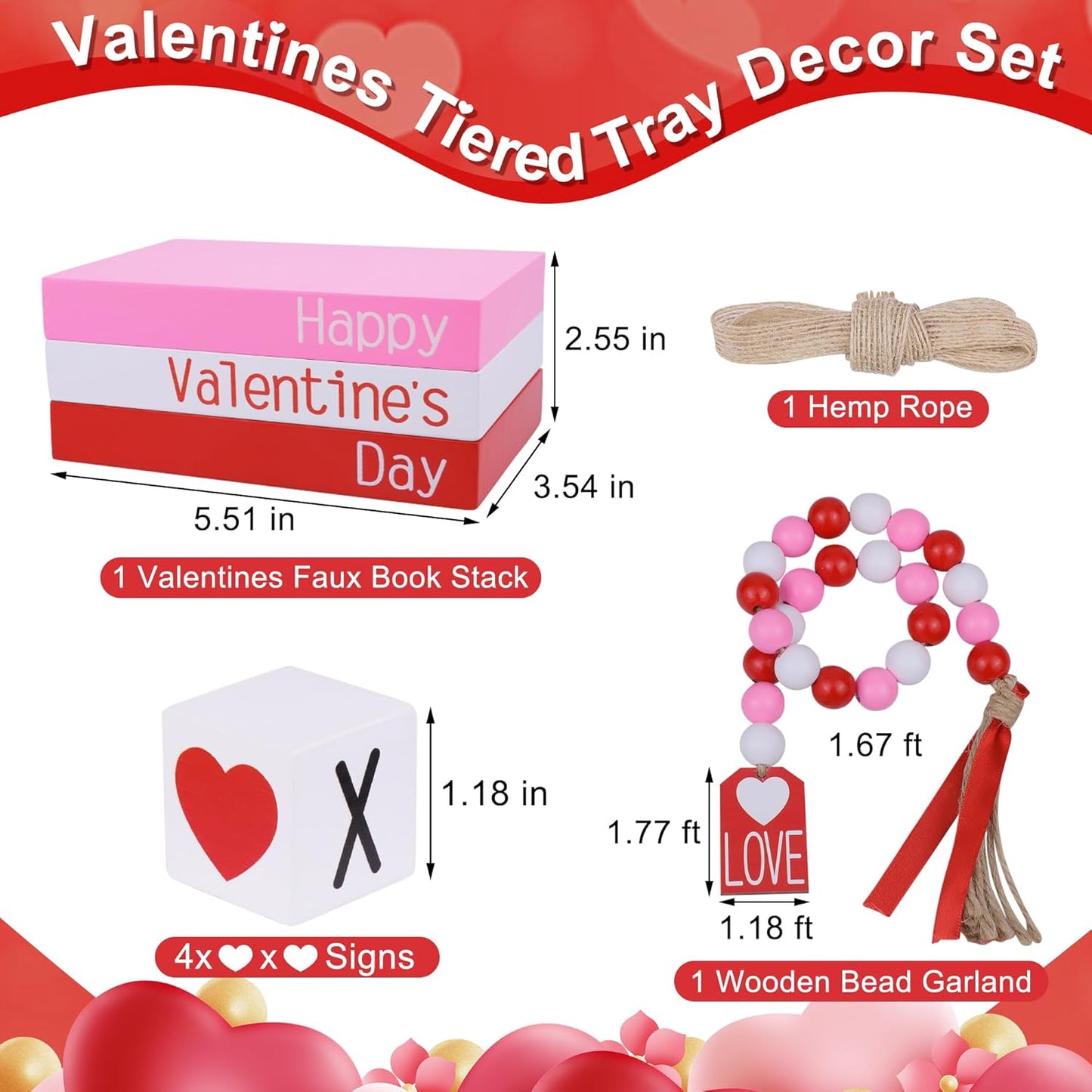 Valentine'S Day Decoration, Valentines Wood Book Stack with 4 XOXO Signs & Beads Garland, Valentines Table Decor for Home Kitchen Mantel Shelf Valentines Tiered Tray