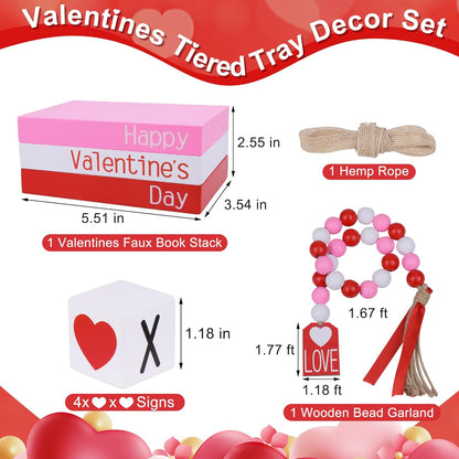 Valentine'S Day Decoration, Valentines Wood Book Stack with 4 XOXO Signs & Beads Garland, Valentines Table Decor for Home Kitchen Mantel Shelf Valentines Tiered Tray