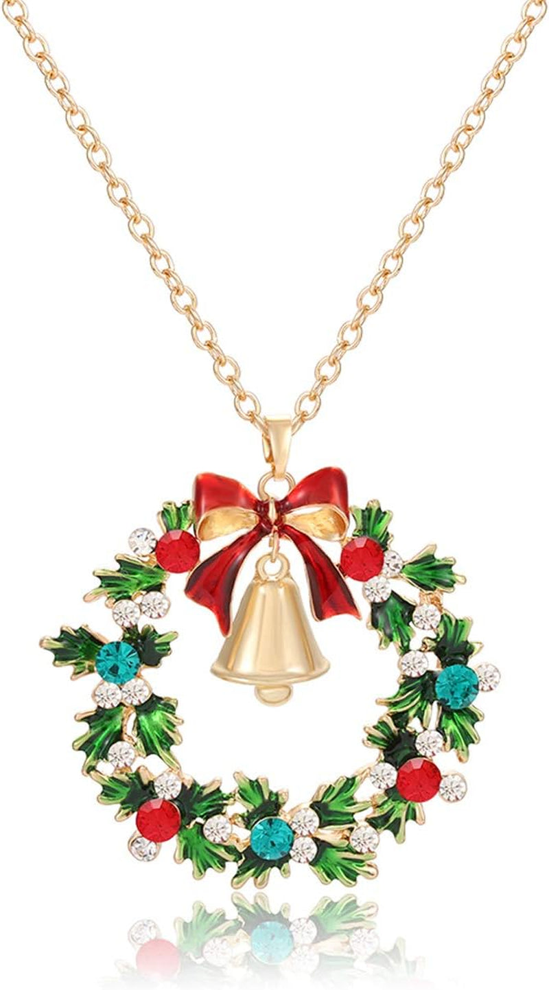 Christmas Necklaces for Women Glitzy Rhinestone Xmas Wreath Bell Pendant Necklace Holiday Jewelry Gift