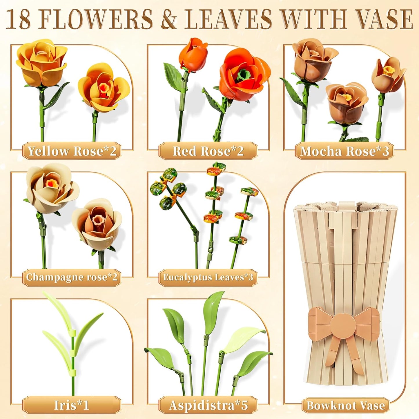 Flowers Set with Vase for Adults Compatible with Lego Flowers, Icon Roses Bouquet Botanical Collection Kits Artificial Flower Set for Valentines Day Gifts Women Girls, Home Office Decor