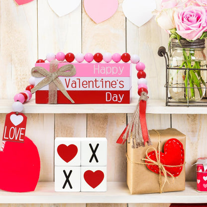 Valentine'S Day Decoration, Valentines Wood Book Stack with 4 XOXO Signs & Beads Garland, Valentines Table Decor for Home Kitchen Mantel Shelf Valentines Tiered Tray