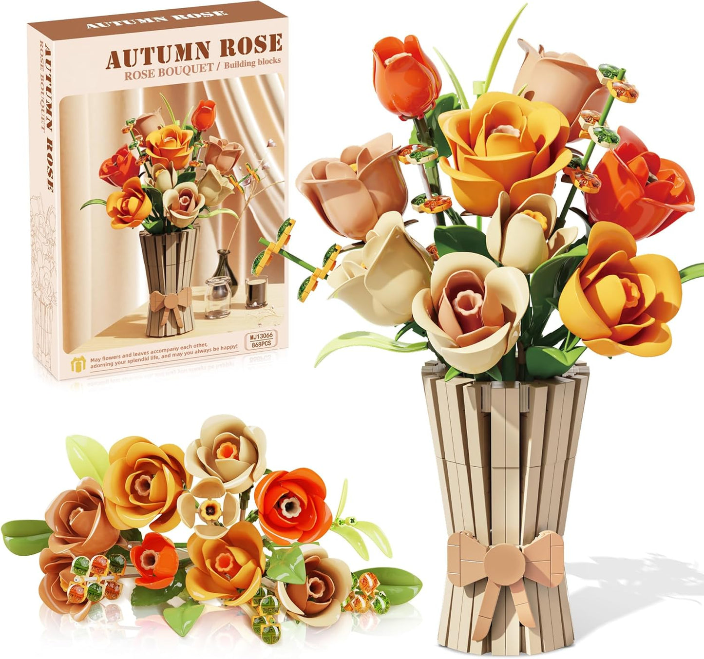 Flowers Set with Vase for Adults Compatible with Lego Flowers, Icon Roses Bouquet Botanical Collection Kits Artificial Flower Set for Valentines Day Gifts Women Girls, Home Office Decor