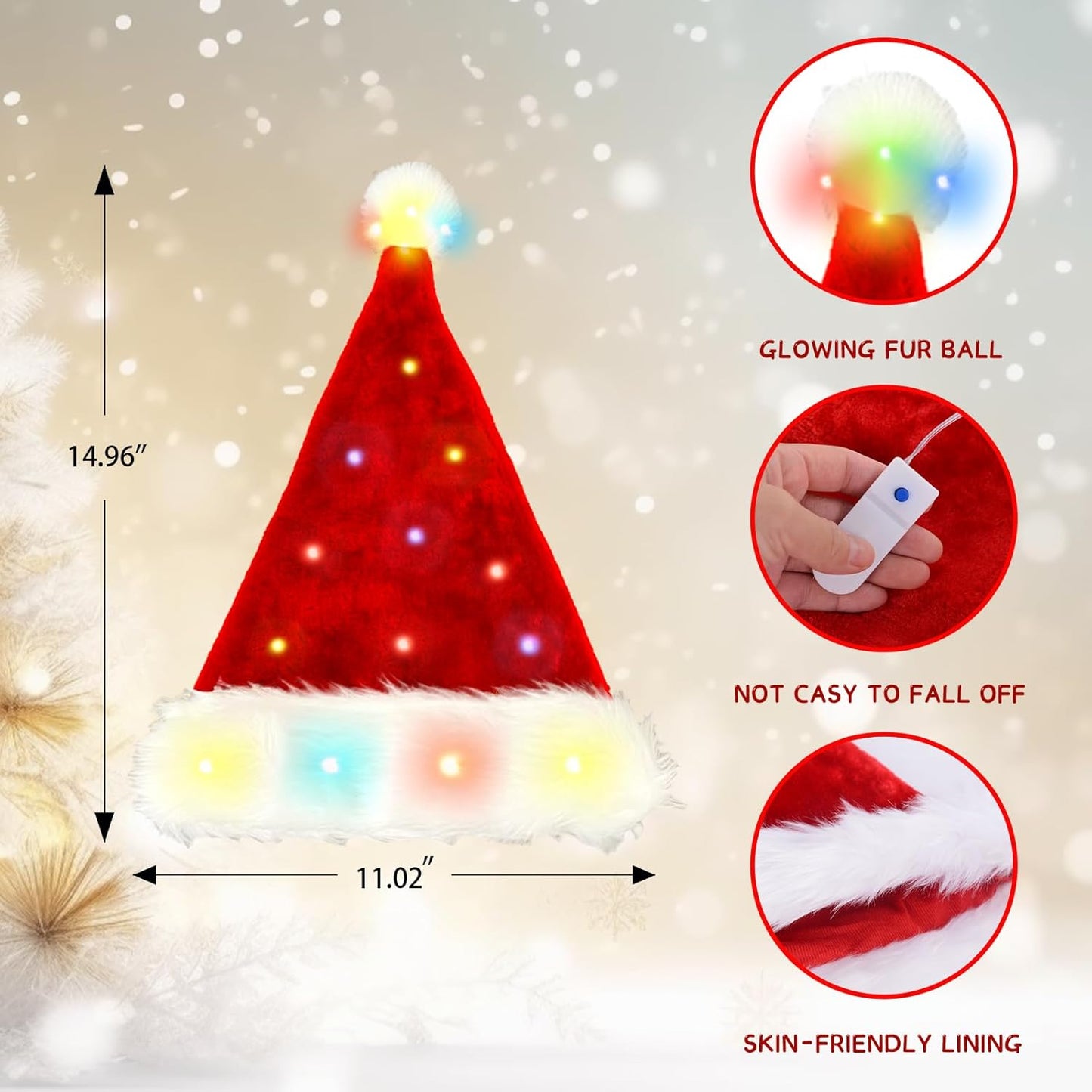 Plush Santa Hat - Light Up, Christmas Hats for Kids & Adults, Santa Hats Set for Adult