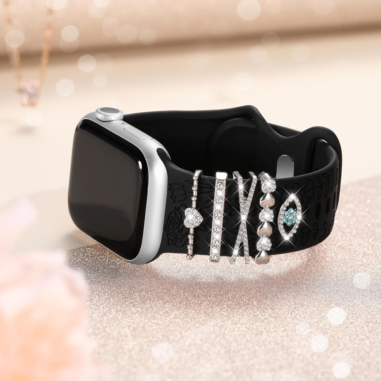 Flower Engraved Band Compatible with Apple Watch Bands for Women 40Mm 38Mm 41Mm 42Mm, Soft Silicone Band with Decorative Apple Watch Charms for Iwatch Series 10 9 8 7 6 5 4 3 2 1 SE (With Band)