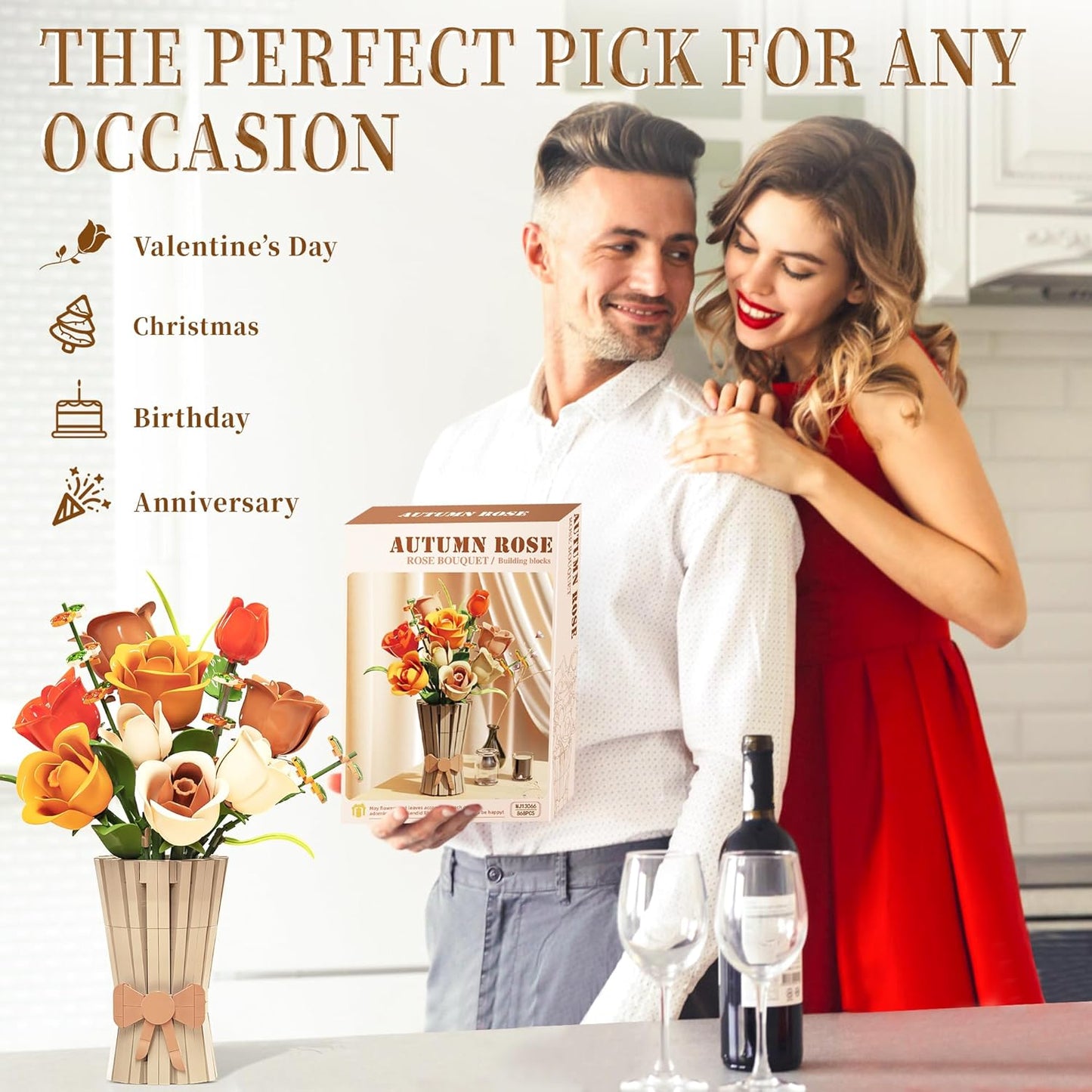 Flowers Set with Vase for Adults Compatible with Lego Flowers, Icon Roses Bouquet Botanical Collection Kits Artificial Flower Set for Valentines Day Gifts Women Girls, Home Office Decor