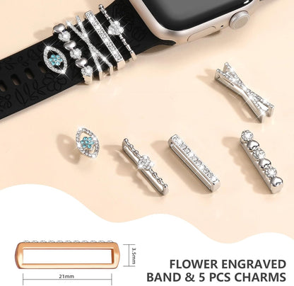 Flower Engraved Band Compatible with Apple Watch Bands for Women 40Mm 38Mm 41Mm 42Mm, Soft Silicone Band with Decorative Apple Watch Charms for Iwatch Series 10 9 8 7 6 5 4 3 2 1 SE (With Band)